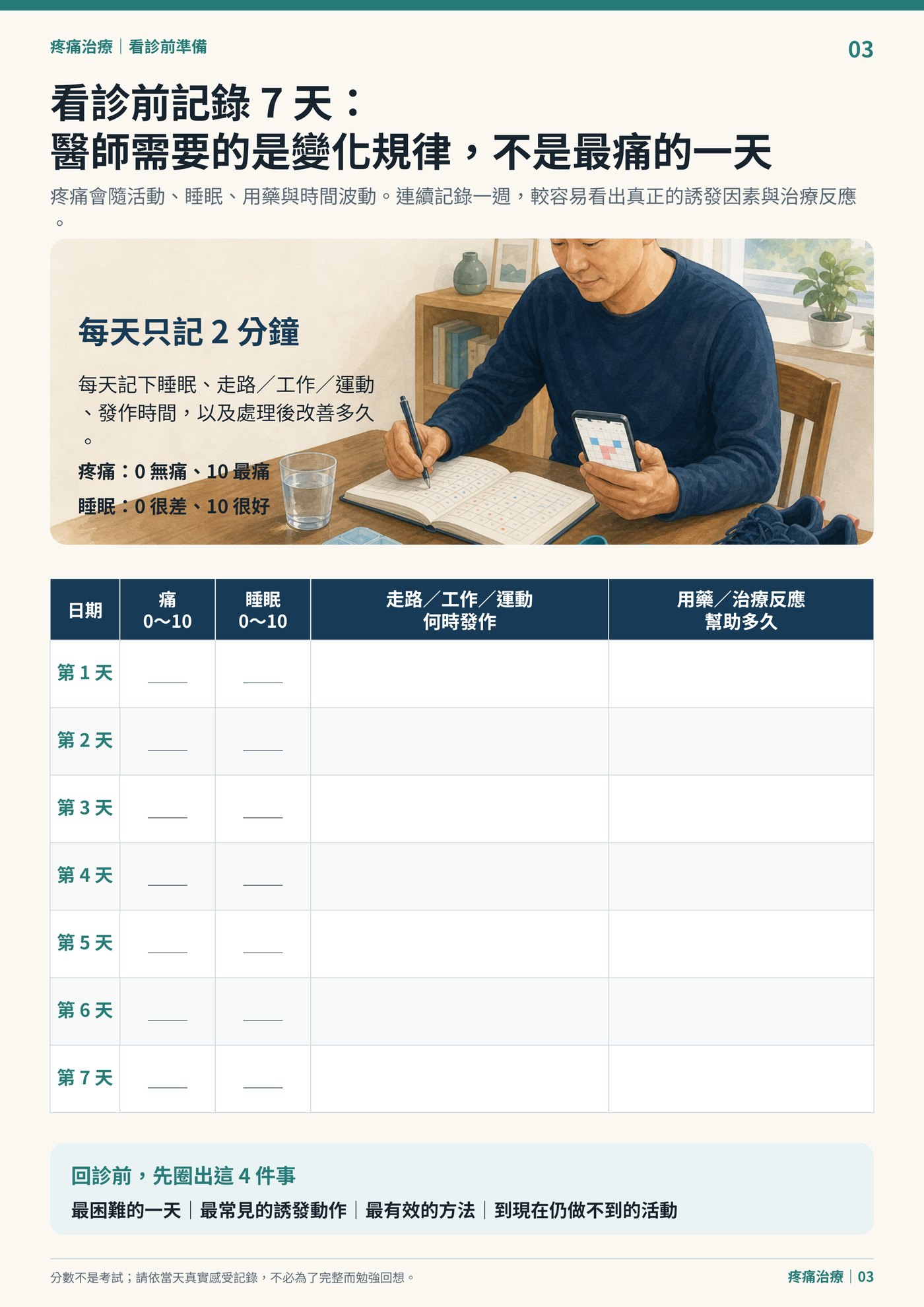 看診前記錄 7 天：醫師需要的是變化規律，不是最痛的一天｜衛教資訊圖